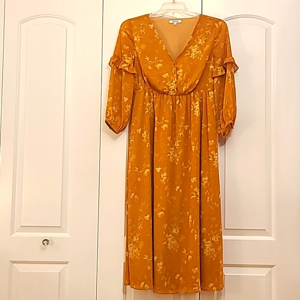 Ruffle-Sleeve Floral Button-Front Dress in Tonal Botanical Gold Yellow Size 2 - Picture 6 of 15